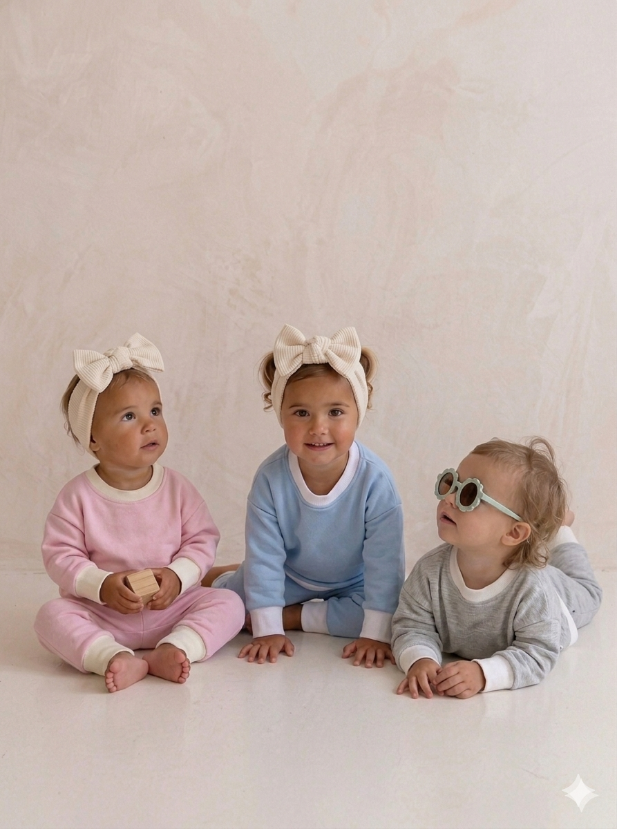 Three children wearing headbands and sitting on a light-colored floor.