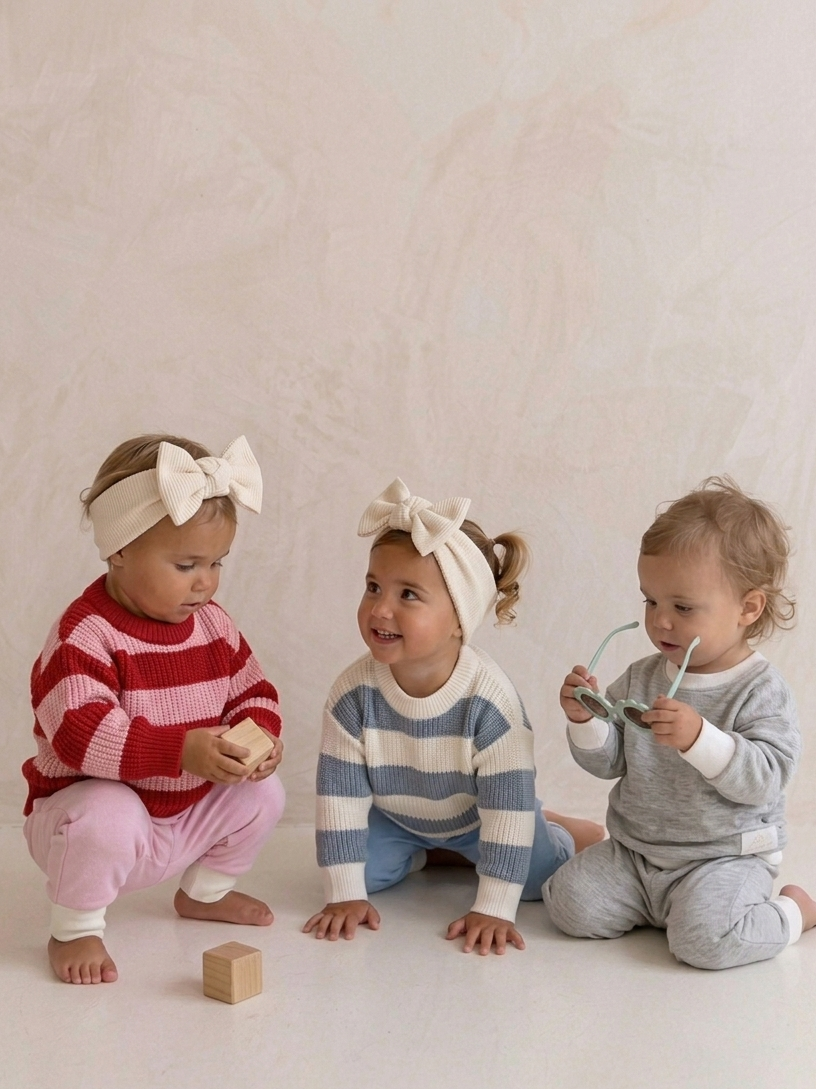 Three children in colorful outfits sitting on a white floor.