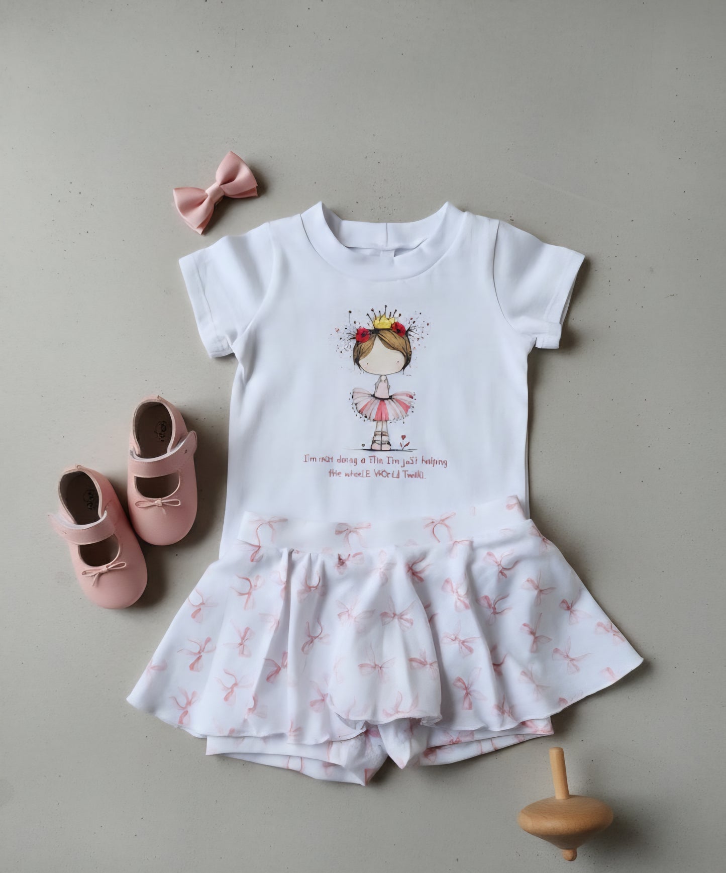 White baby skort with pink floral patterns, pink shoes, and a wooden spool on a gray background
