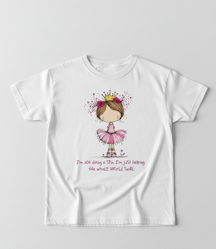 White t-shirt with a graphic of a girl in a pink tutu and crown on a white background