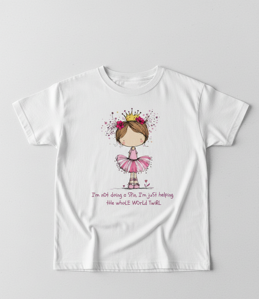 White t-shirt with a graphic of a girl in a pink tutu and crown on a white background