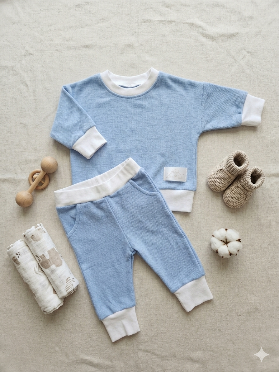 Blue baby outfit with white accents on a beige surface, surrounded by baby items.