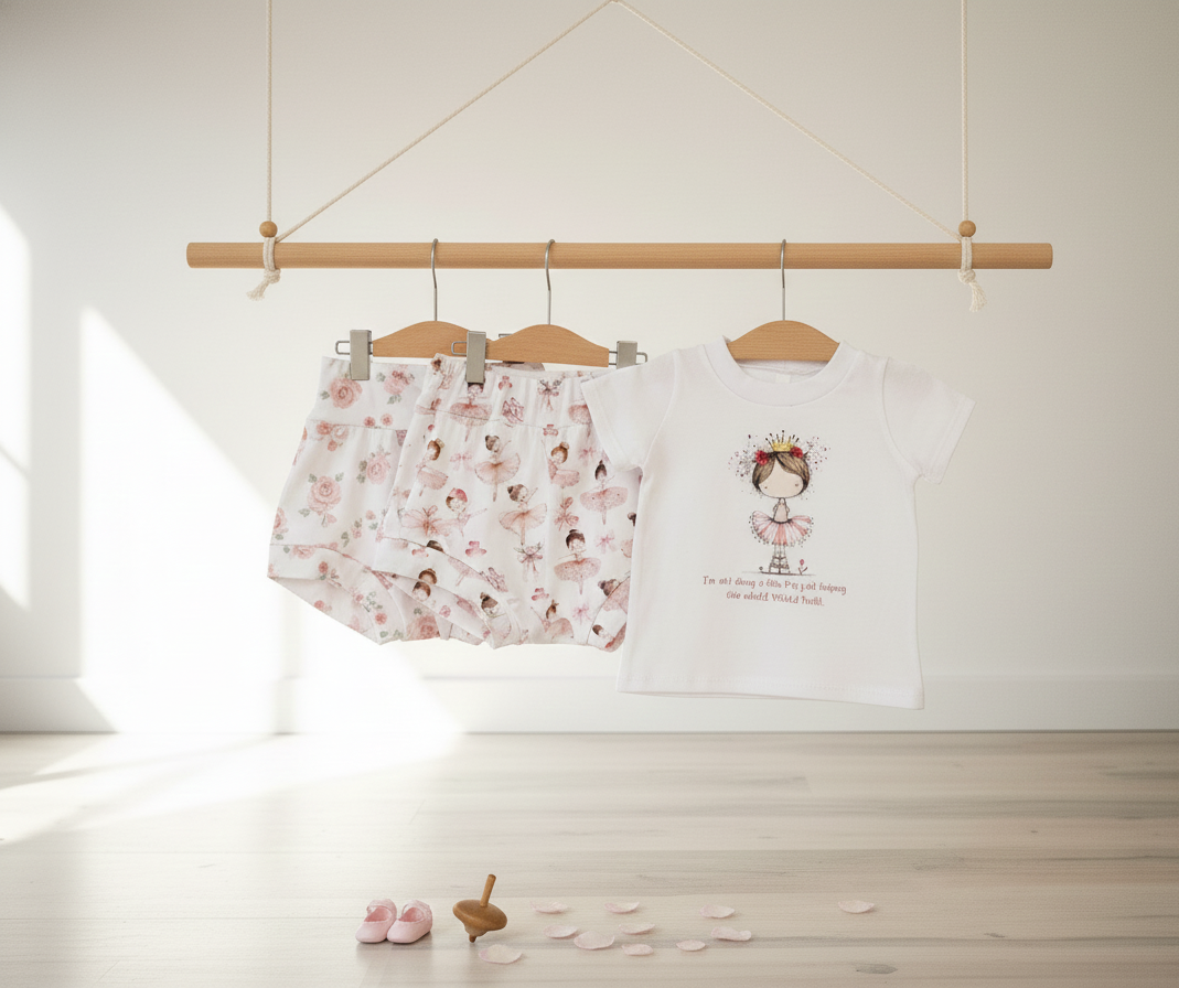 Children's floral shorts and t-shirt on hangers against a white wall.