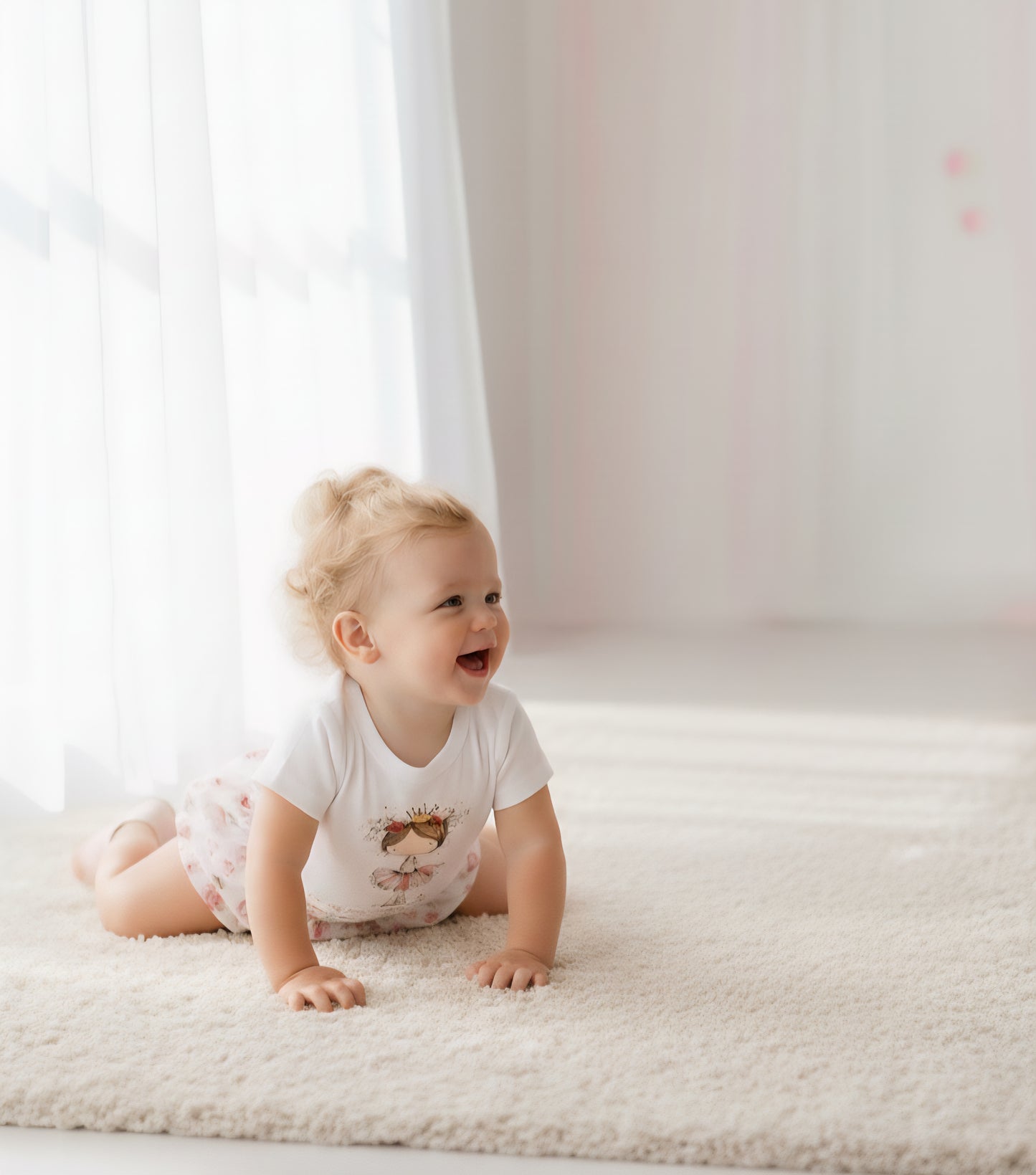 Baby in a white onesie with a design, sitting on a light-colored rug.