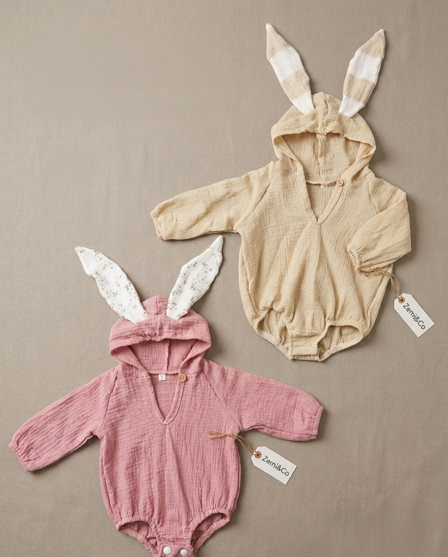Two baby rompers with hoodies and bunny ears on a beige background
