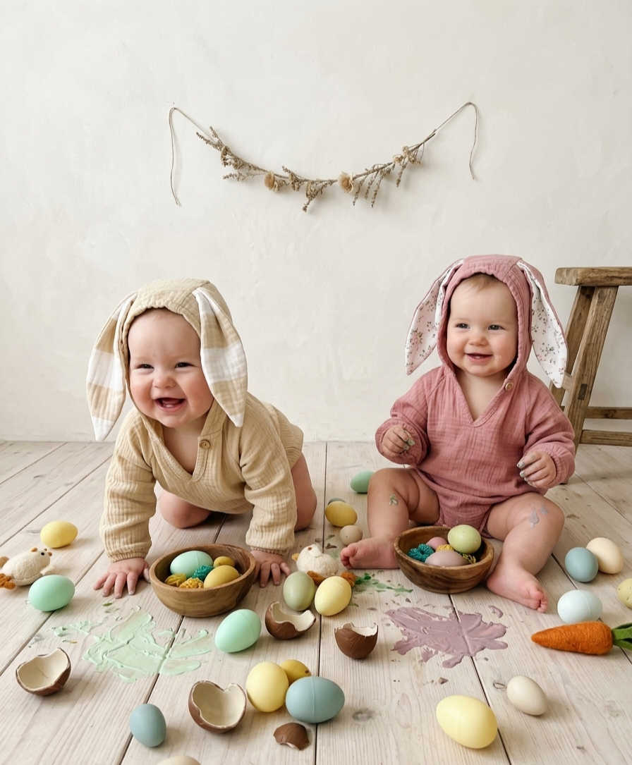 Two babies in bunny costumes surrounded by Easter eggs and decorations on a wooden floor.
