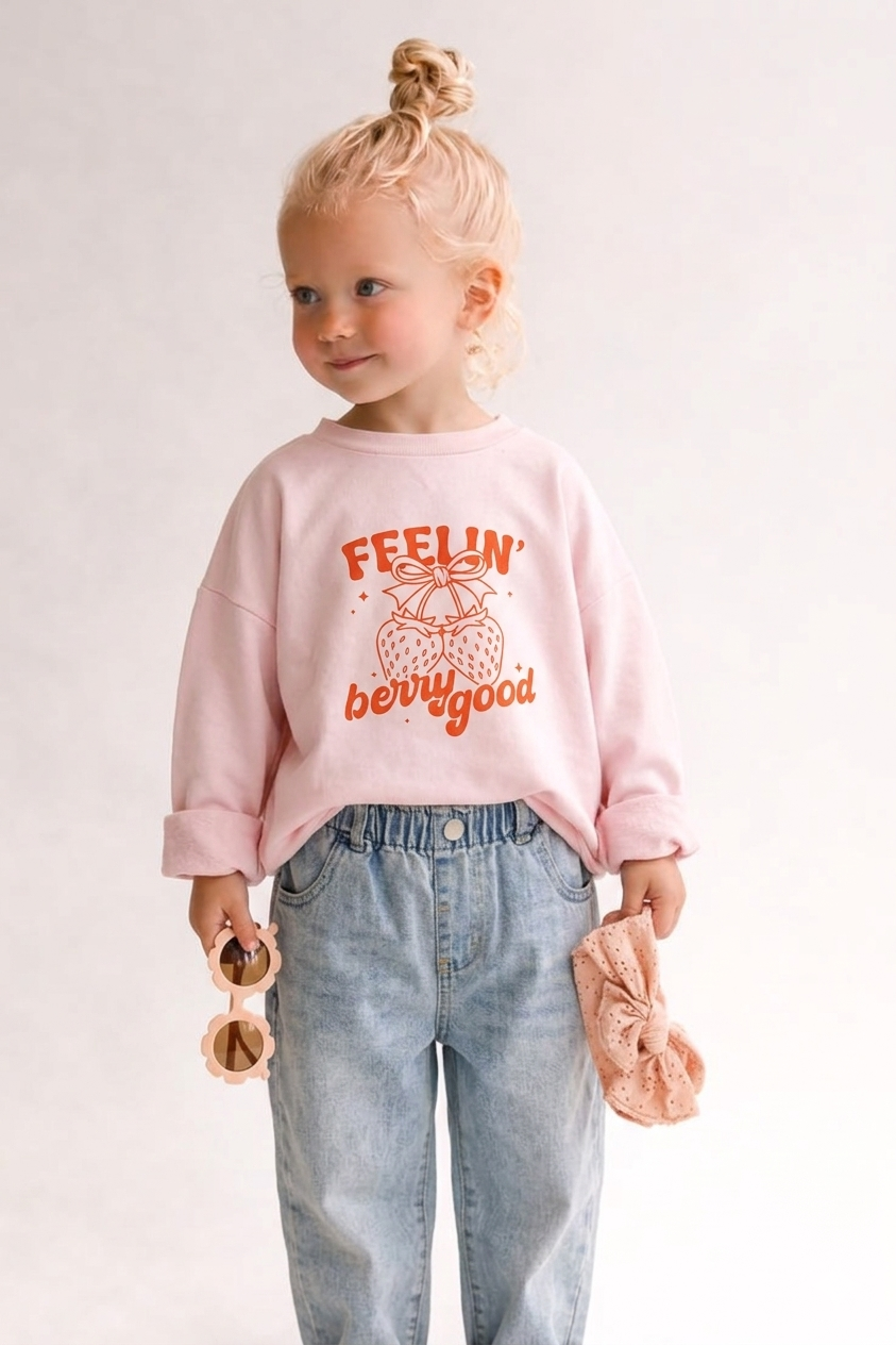 Child wearing a pink sweatshirt with text and graphics, standing against a plain background