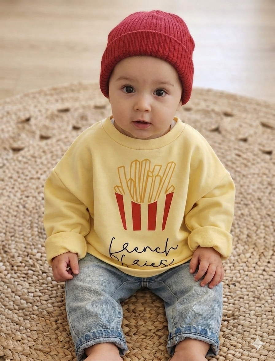 Baby wearing a yellow sweatshirt with french fries design and a red beanie on a woven surface