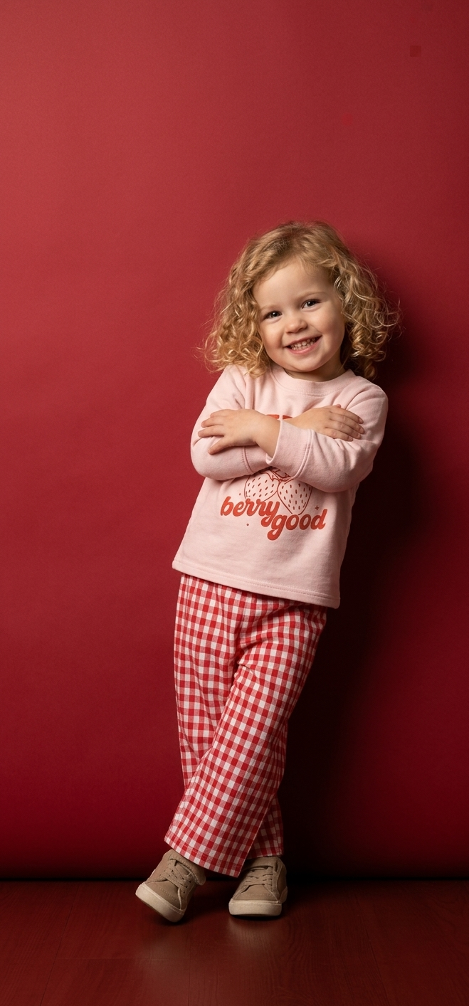 Child wearing a pink shirt with text and red checkered pants against a red background
