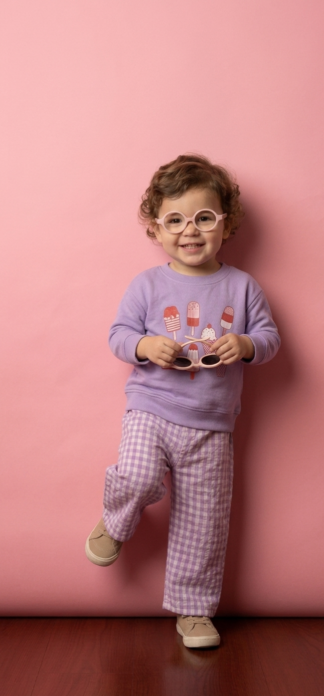 Child wearing a purple sweater and checkered pants against a pink background