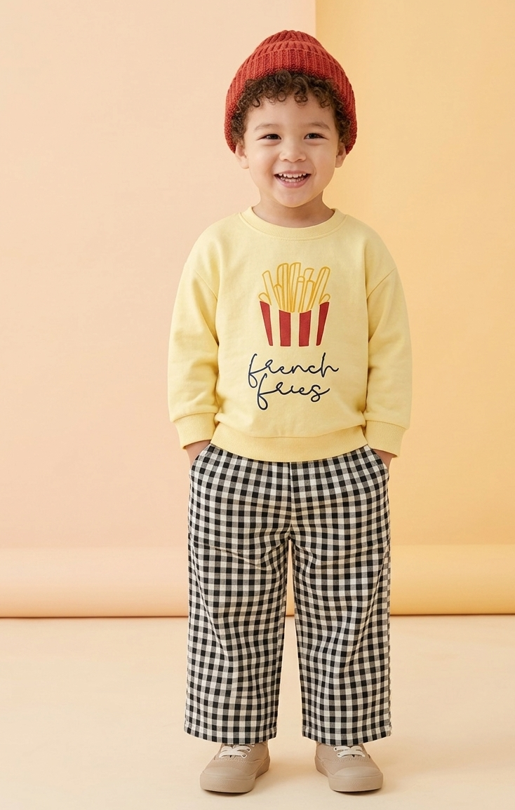 Child wearing a yellow sweatshirt with a French fries design, black and white checkered pants, and a red beanie against a beige background.