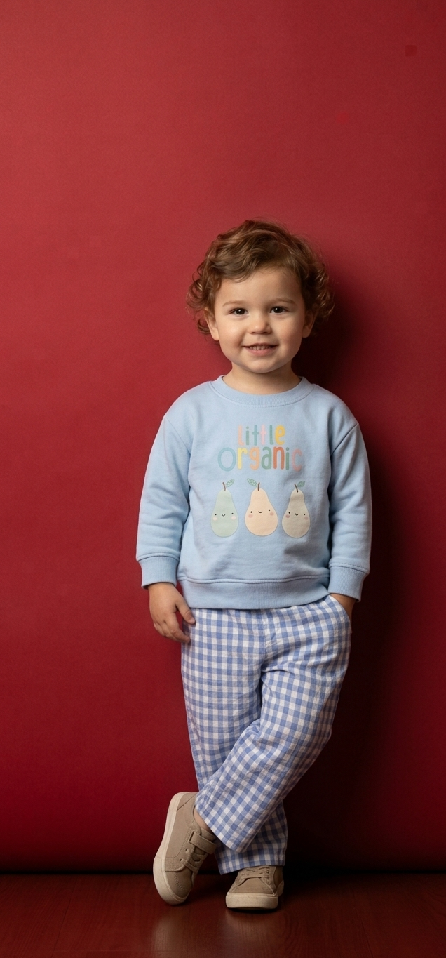 Child wearing a light blue sweater with cartoon pears and checkered pants against a red background