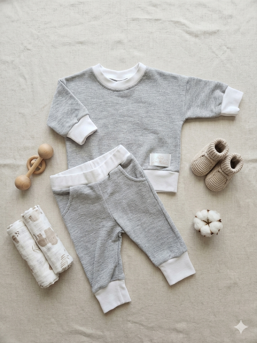 Gray baby outfit with white cuffs on a beige surface, surrounded by baby toys.