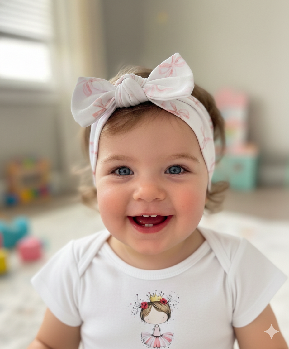 Baby wearing a white headband with a bow, smiling in a room with toys in the background.