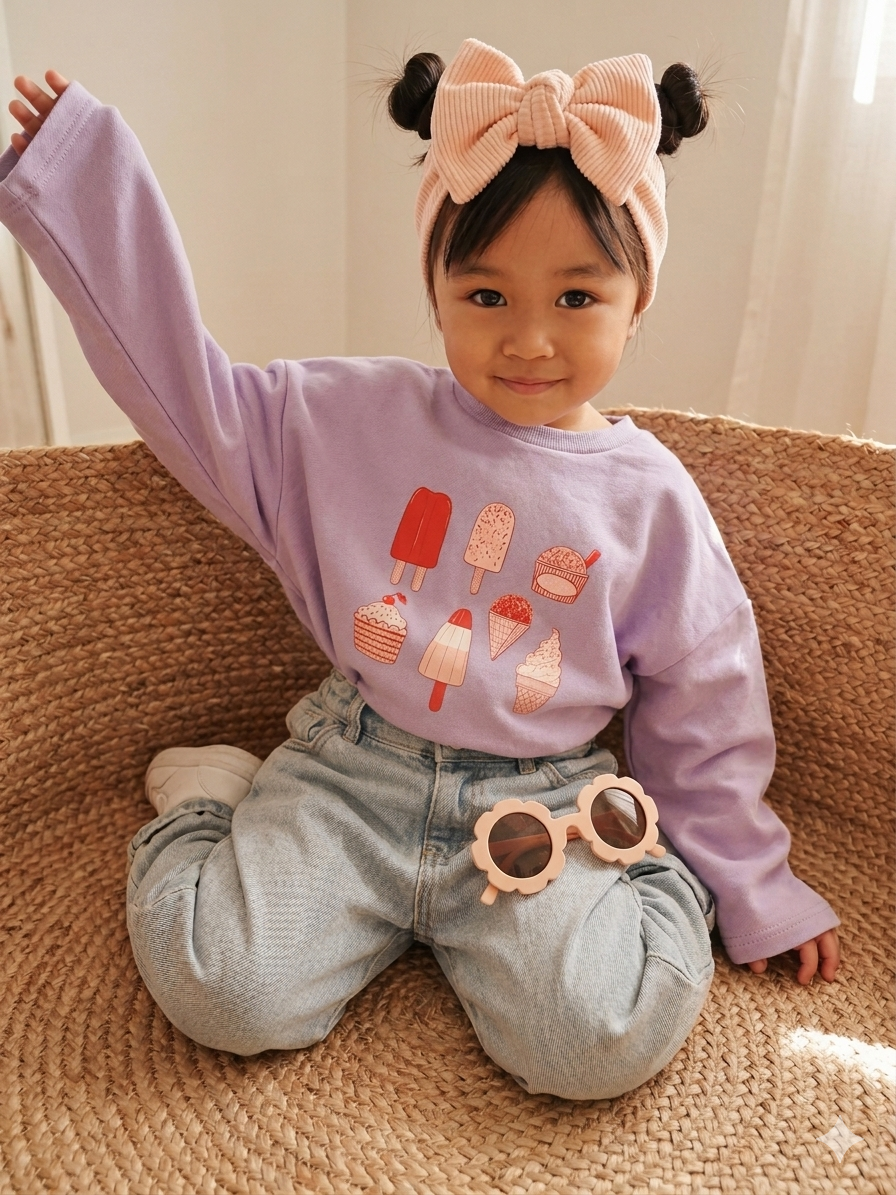 Child wearing a purple sweatshirt with ice cream graphics, sitting on a textured surface.