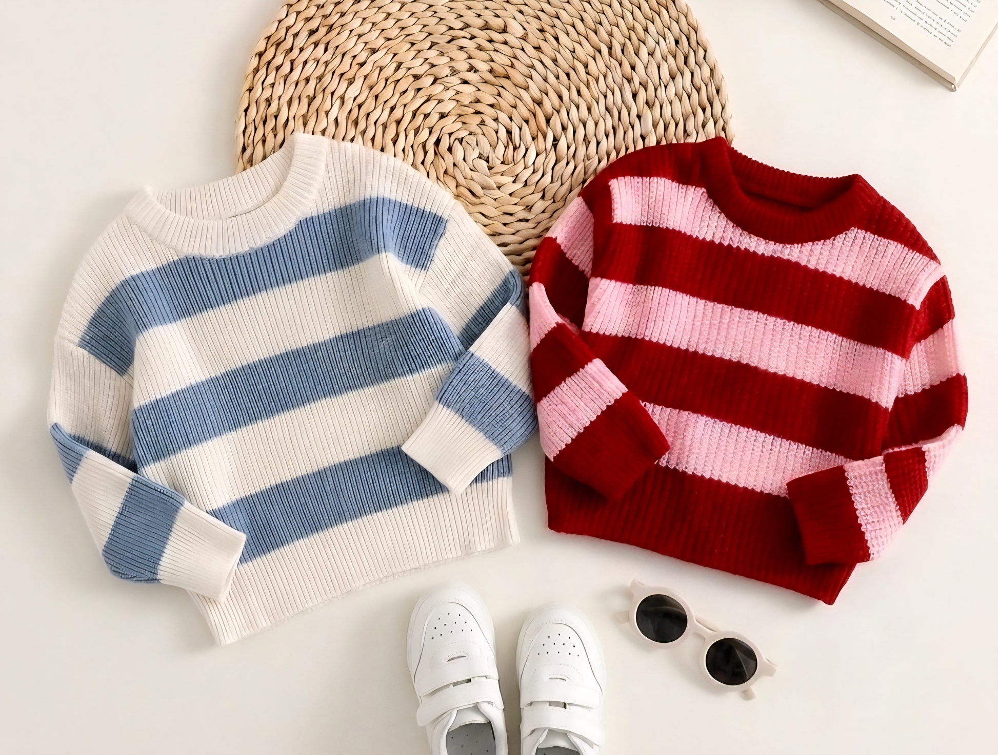 Two striped sweaters, one blue and white, one red and pink, on a light surface with a woven mat and white sneakers.