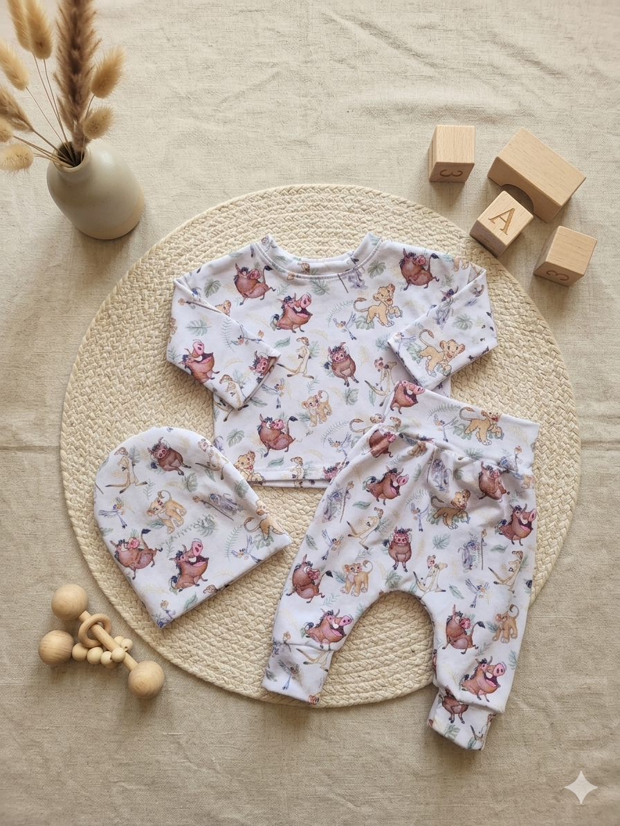 Baby outfit set with floral pattern on a woven mat with wooden blocks and a vase in the background.