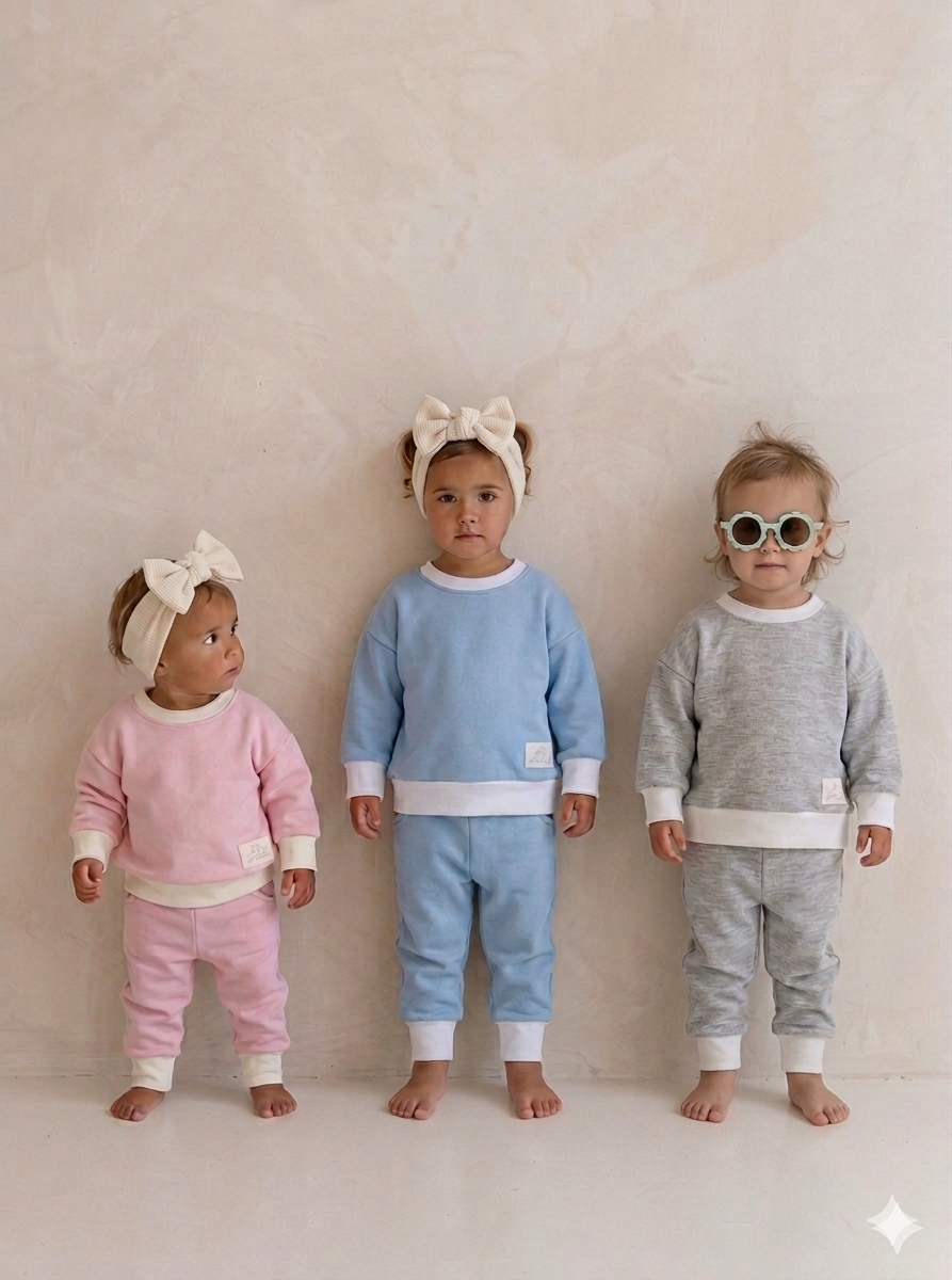 Three children wearing colorful sweatsuits against a plain background