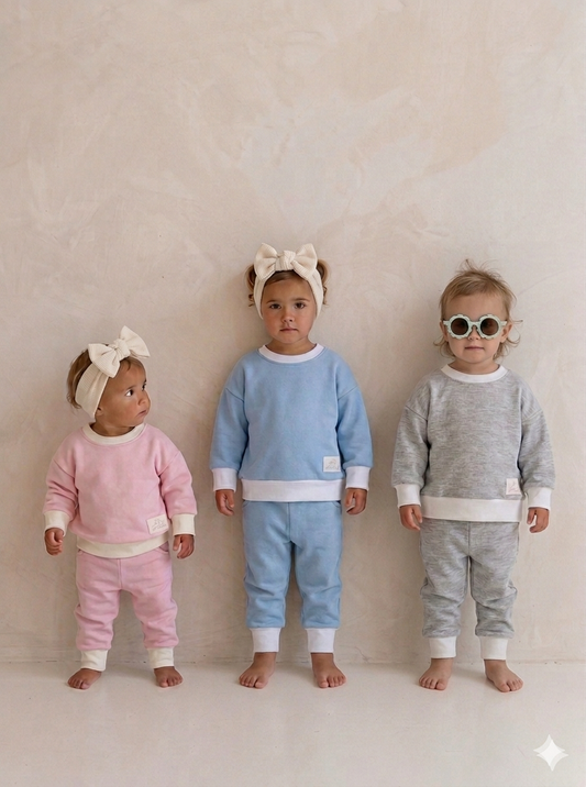 Three children wearing colorful sweatsuits against a plain background