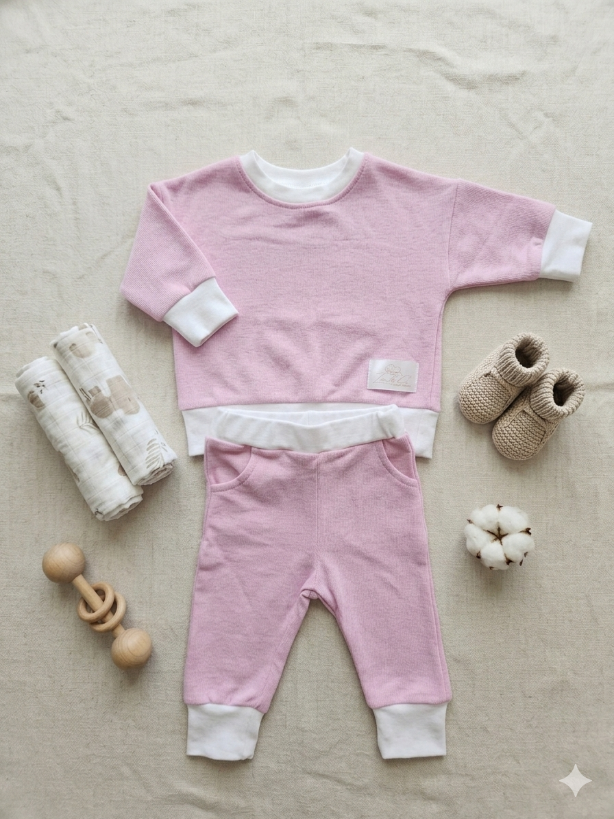 Pink baby outfit with pants and top on a beige surface, surrounded by baby items.