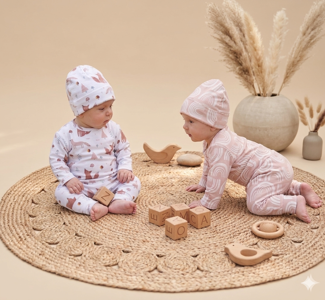 Two babies playing on a woven rug with wooden toys and decorative elements.