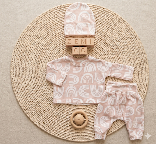 Baby clothing set with hat, long sleeve shirt and pants and ring on a woven mat with Zemi & Co branding.