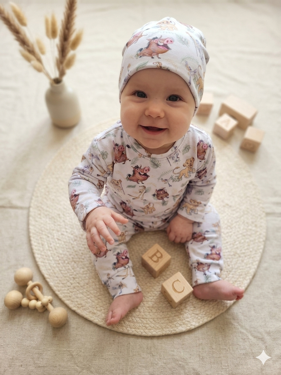 Baby in floral outfit sitting on a woven mat with wooden blocks and toys.
